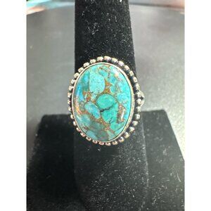 Sterling Silver 925 Turquoise Ring Oval Stone Southwestern Boho Vintage Size 8.5